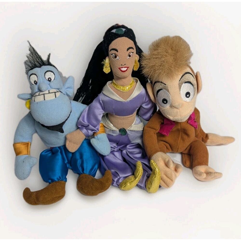 Vintage Disney Store Aladdin Movie Jasmine Genie Abu Bean Bag Plush Set Of 3 8"